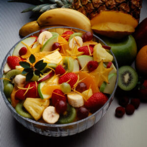 Colorful fruit salad in a glass bowl featuring sliced kiwi, strawberries, bananas, grapes, starfruit, and pineapple, with fresh whole fruits in the background.